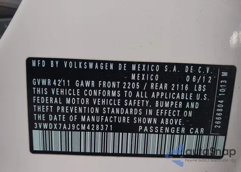 2012 Volkswagen Jetta 2.5L Se z USA, uszkodzony, nr VIN 3VWDX7AJ9CM428371